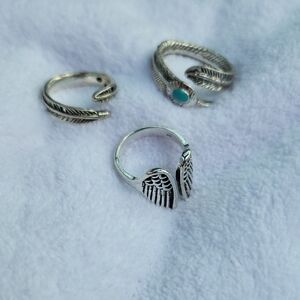 Silver Feather Ring Set with Turquoise Accent